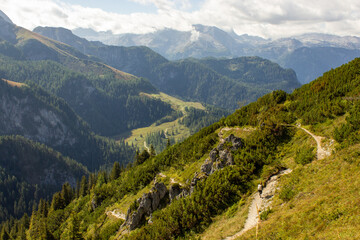Walking trail in the national park Berchtesgaden with a beautiful panorama of the Alps, Germany