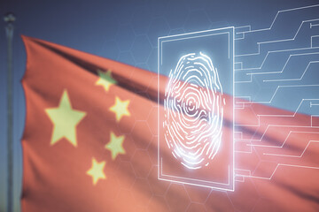 Multi exposure of virtual graphic fingerprint sketch on Chinese flag and sunset sky background,...