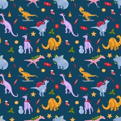 Seamless pattern with Christmas dinosaurs. Design for fabric, textile, packaging, wrapping paper.