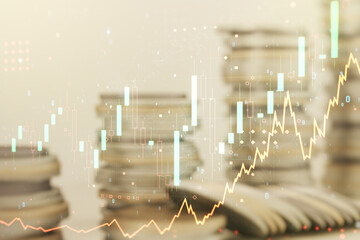 Abstract virtual financial graph hologram on stacks of coins background, forex and investment...