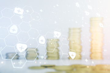 Abstract virtual medical sketch on growing coins stacks background. Medicine and healthcare concept. Multiexposure