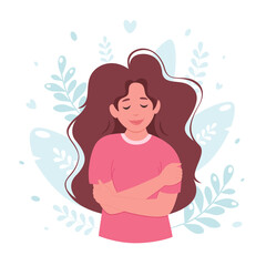 Love yourself concept. Woman hugging herself, self love, body positive. Vector illustration 