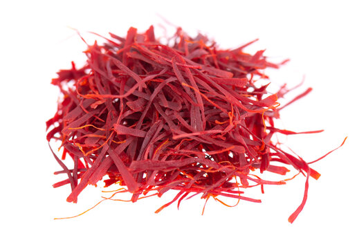 Saffron isolated on white background. Natural dry saffron threads, from crocus flowers. Clipping path.
