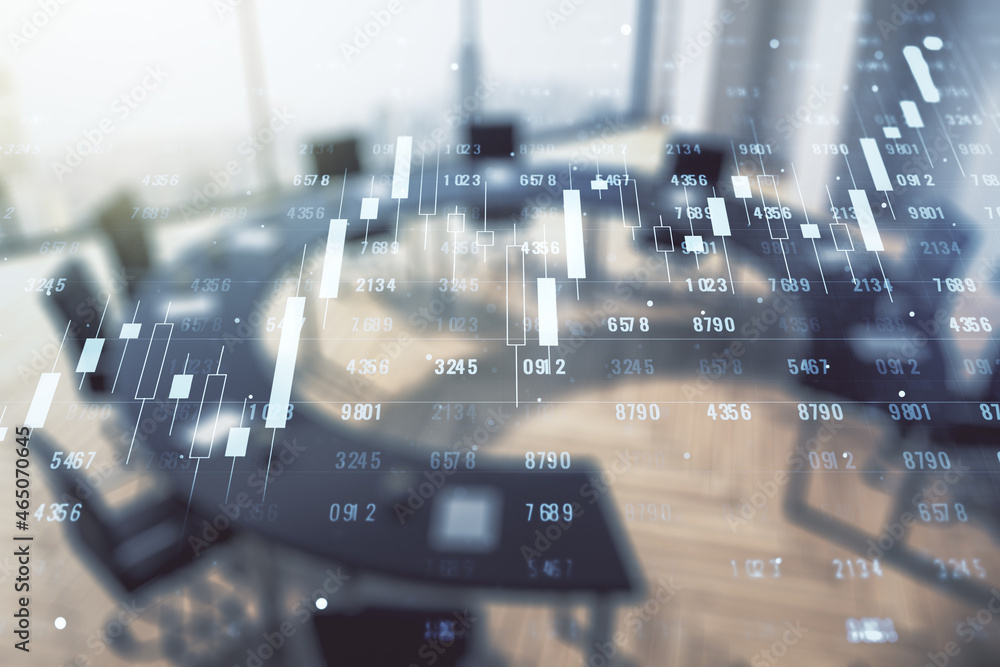 Poster multi exposure of abstract statistics data hologram interface on a modern furnished office interior 