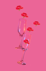 two glasses of champagne with neon pink lights. modern futurism 2022 year background. minimalism....