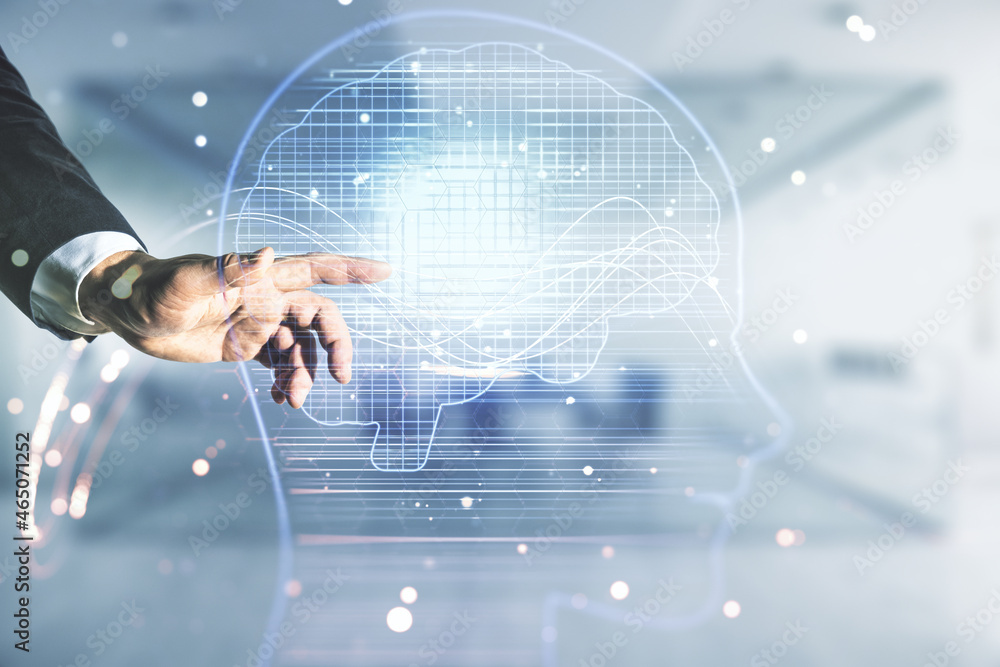 Aufkleber Double exposure of man hand presses on creative artificial Intelligence hologram on blurred office background. Neural networks and machine learning concept
