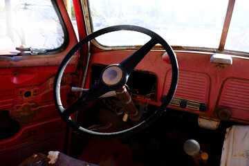 Steering Wheel in Old Vintage Car Horn Gear Shift Interior