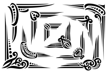 Vector set of black decorative Corners, ornate decoration with swirly flourishes, corners with curls and dots for creating borders, calligraphic design elements for presentation on white background.