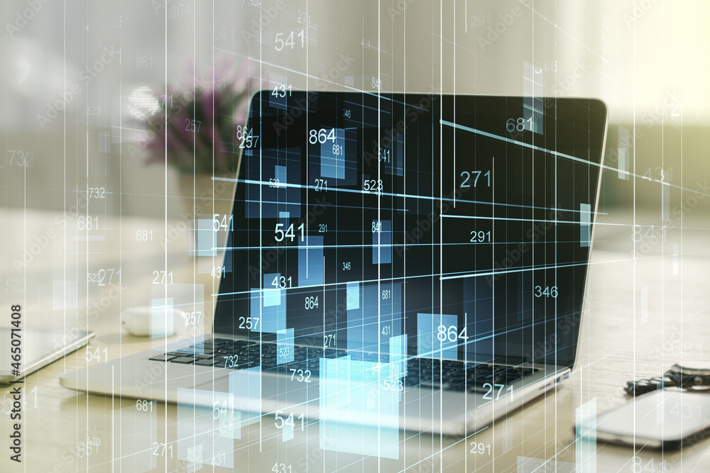 Poster multi exposure of stats data illustration on modern laptop background, computing and analytics conce
