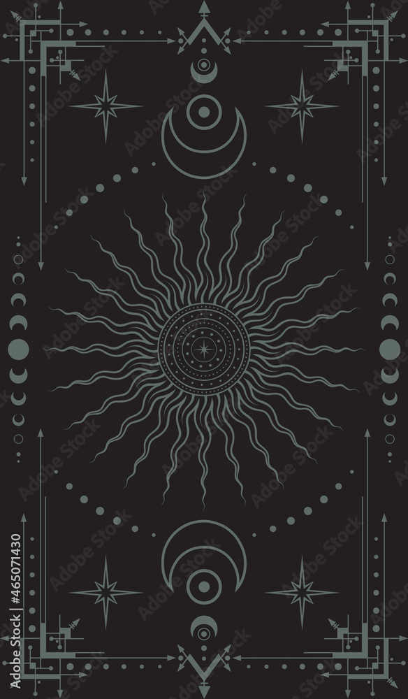 Wall mural vector mystical dark boho background with ornate outline geometric frame with moon phases, sun with 