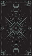 Vector magical dark background with an ornate geometric frame, moon phases, big star with concentric circles and pointed beams. Celestial mystical vertical banner with crescents and decorative border