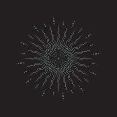 Fototapeta premium Sketch tattoo linear mystical sun with sinuous beams, concentric circles and points. Vector decorative outline magical illustration in boho style on a black background.