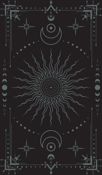Vector mystical dark boho background with ornate outline geometric frame with moon phases, sun with concentric circles, crescents and stars. Occult vertical linear banner with moons and magical symbol