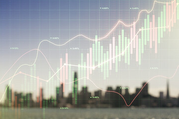Multi exposure of virtual creative financial chart hologram on blurry cityscape background, research and analytics concept