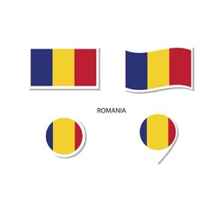 Romania flag logo icon set, rectangle flat icons, circular shape, marker with flags.