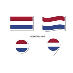 Netherlands flag logo icon set, rectangle flat icons, circular shape, marker with flags.