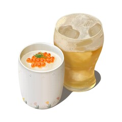 Chawanmushi Japanese steamed egg custard with a glass of beer illustration white background isolated food and drink drawing ideas drawing food set
