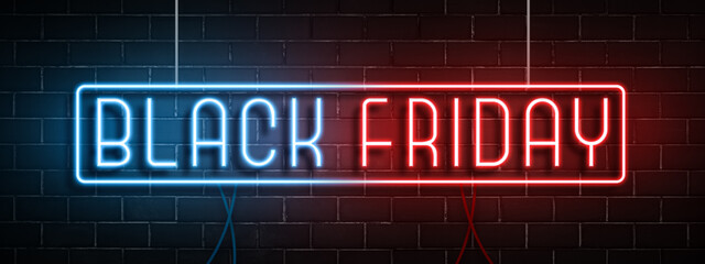 Fototapeta premium Black Friday Sale template in neon style. Colorful black Friday neon light banner. Black Friday sale. Black Friday neon sign on wall background. Glowing neon text.