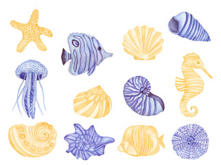 Watercolor Underwater creatures. Violet Fish, Sea Shells, Sea horse and Jelly Fish
