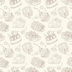 Vector seamless pattern with hand drawn outline cheesecake and cupcake with fresh berries.