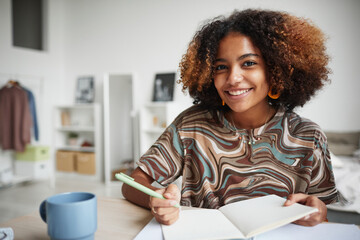 Portrait of smiling African-American girl studying at home and smiling at camera, copy space