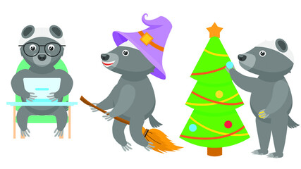Set Abstract Collection Flat Cartoon 
Different Animal Honey Badgers Decorates The Christmas Tree, Flying On A Broomstick Wearing A Hat, Working On A Laptop Vector Design Style Elements Fauna Wildlife