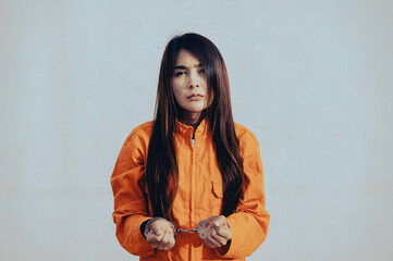 Prisoner in orange robe concept,Portrait of asian woman in Prison uniforms on white background,
