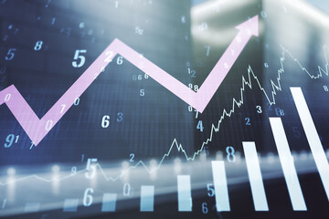 Naklejka premium Abstract virtual financial graph hologram and upward arrow on blurry modern office building background, forex and investment concept. Multiexposure
