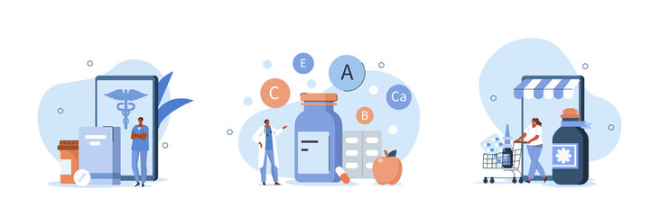 People buying pills, bottles, vitamins and other medicaments in online drugstore on smartphone. Pharmacy store and online medicine concept. Flat cartoon vector illustration and icons set.