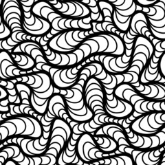 Abstract vector seamless floral background of doodle hand drawn lines. Monochrome wave pattern. Coloring book page. Black white wallpaper.