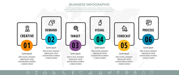 Hand-drawn vector line infographics with 6 rectangles and icons. Flat chart process template with six steps. Modern timeline for business project, presentation, web, diagram, content