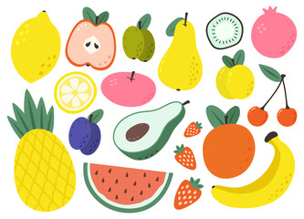 Doodle fruit. Vegan menu, healthy food, Natural tropical fruits, pineapple, watermelon, pear, apple, kiwi, banana, strawberry, avacado, peach, apricot, plum and pomegranate. Natural food illustration