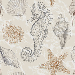Marine vector hand drawn pattern with sea shells, stars, seahorse and coral. Highly detailed. Perfect for textiles, wallpaper and prints.