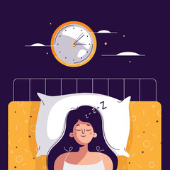 Fast asleep vector illustration. Happy woman is sound asleep, having a good dream late at night. She rests in the soft bed. Peaceful dream, relax, heavy sleep, fast asleep concept for web.Flat design
