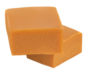 Caramel candies isolated on white background. Sweet  Caramel fudge side view, macro