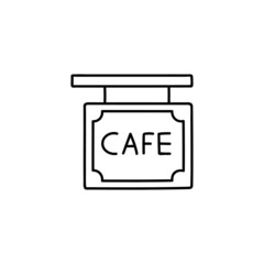 Coffee shop signboard icon in flat black line style, isolated on white 