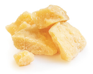 Parmesan cheese (Parmigiano, Grana)  isolated on white background.  Hard mature cheese, macro, studio shot
