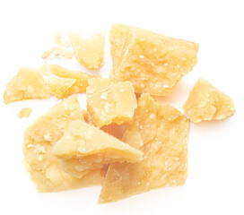 Pieces of parmesan cheese isolated on white background. Parmesan  top view.