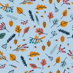 Seamless pattern with berries and leaves on blue background. Autumn concept. For textile, surface design and other design projects