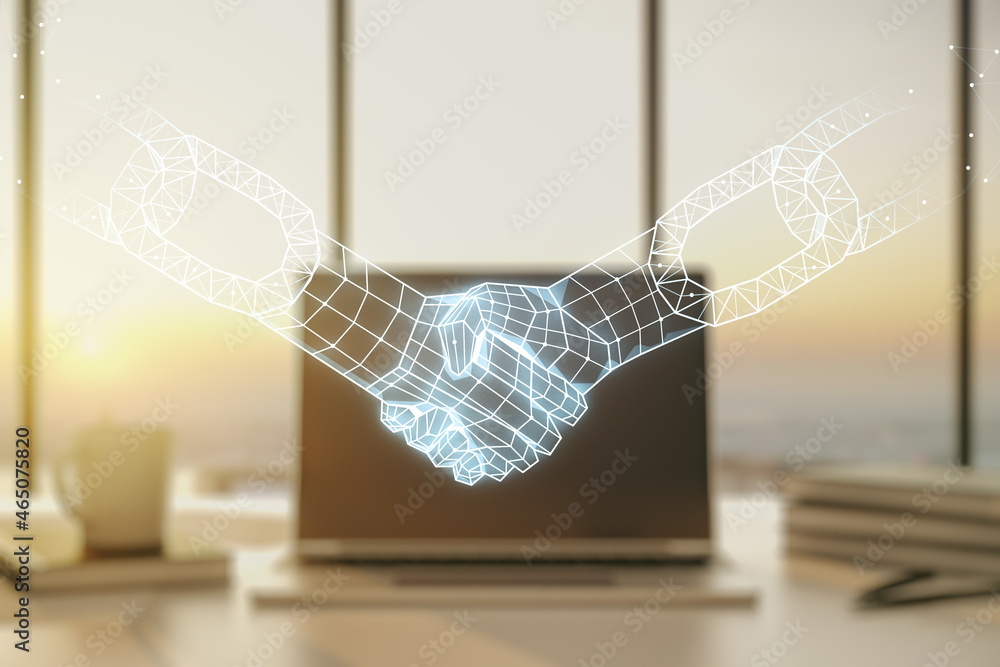 Poster double exposure of blockchain technology with handshake hologram on laptop background. research and 