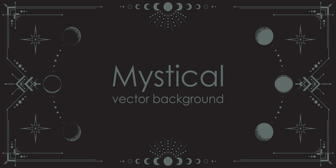 Dark boho background with a copy space. Mystical backdrop with an ornate geometric frame, outline moon phases and linear stars. Magical banner in black color with a place for text