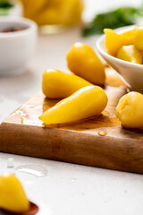 Canned jalapeno peppers close-up. Homemade pickled hot peppers.
