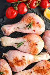Raw chicken drumsticks with ingredients for cooking on a black stone background. Food background, Raw meat with spices at black table. Top view.