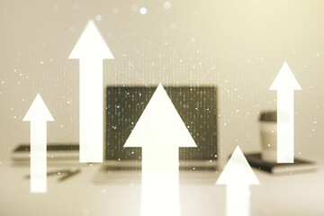 Creative concept of upward arrows illustration on modern laptop background. Breakthrough and progress concept. Multiexposure