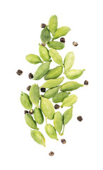 Cardamom pods isolated on white background. Green cardamon seeds. Clipping path. Top view.