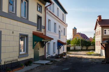 Fototapeta na wymiar The restored facades of the Zheleznodorozhny town, Kaliningrad region