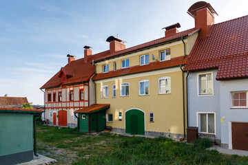Fototapeta na wymiar The restored facades of the Zheleznodorozhny town, Kaliningrad region
