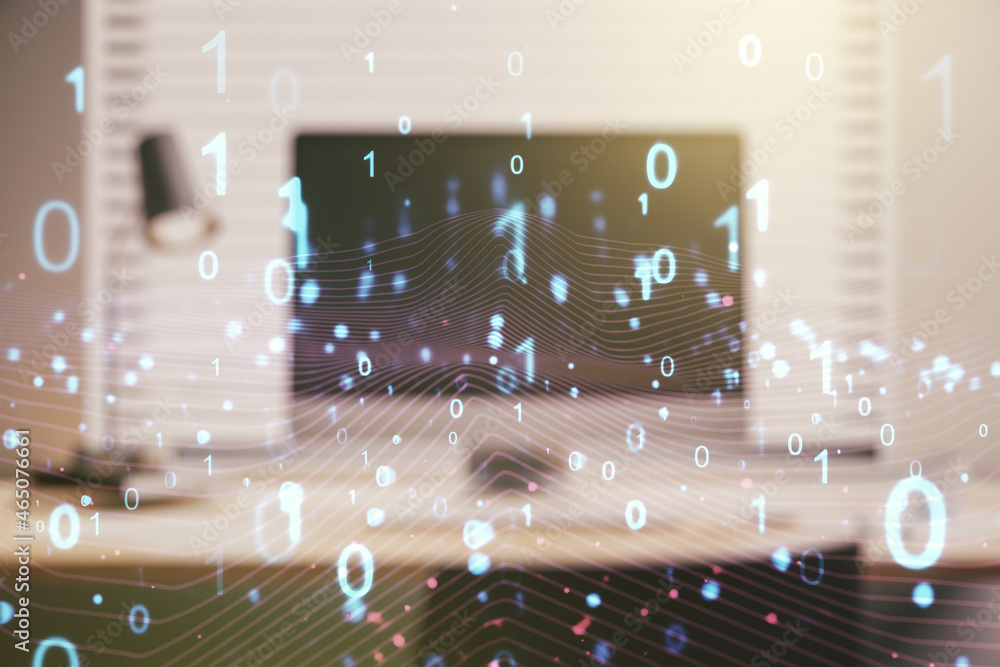 Aufkleber Creative abstract binary code hologram on modern computer background, AI and machine learning concept. Multiexposure
