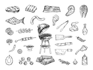 Collection of monochrome illustrations of barbecue in sketch style. Hand drawings in art ink style. Black and white graphics.