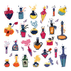 Collection of vector colorful bottles with potions, perfume and aroma oils. Magical flasks in a modern style.